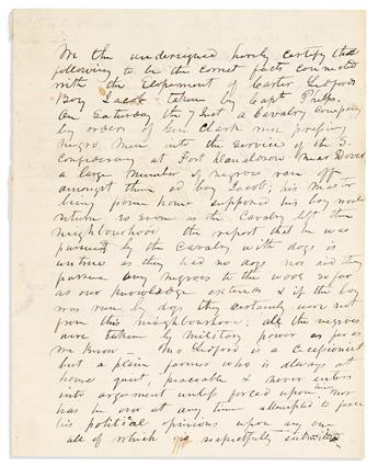 (SLAVERY.) Petition to a Union officer to have a runaway slave returned to his owner in the border region of Kentucky.